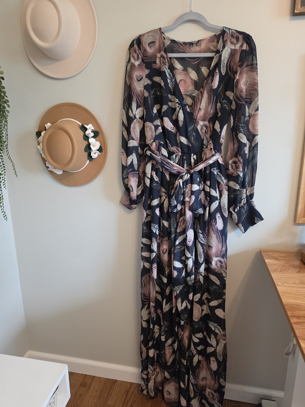 Fashion Nova V-Neck Dark Blue Feather & Floral Maxi Dress